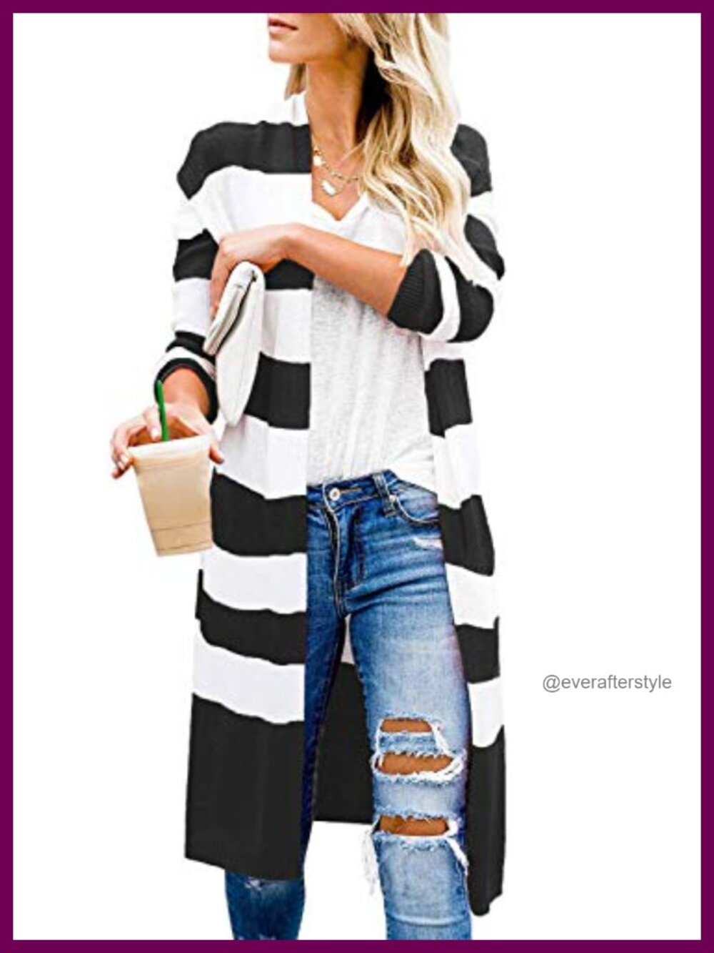 Women Long Open Front Cardigan Sweater Striped Lightweight Knee Length